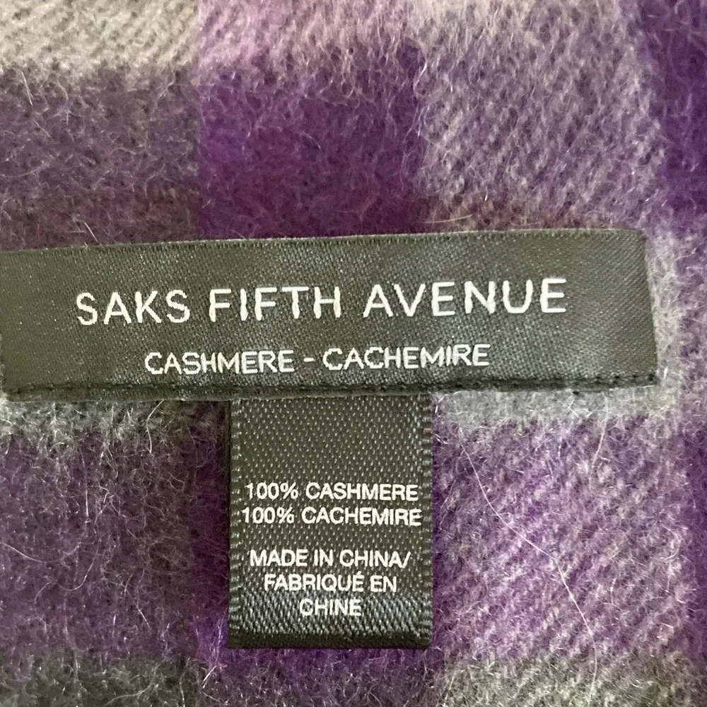 Saks Fifth Avenue Purple 100% Cashmere Plaid Scarf‎ Fringe 11x64 Classic Luxury